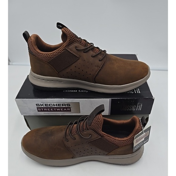 NIB Skechers Delson Axton Casual Sneaker Size 9.5 SN 65870 Brown Faux Leather